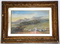 Victorian Oil on Canvass Sheep in  Open Landscape