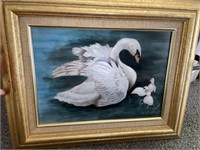 Framed painted ceramic swan art tile