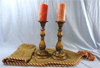 5 PC CANDLE HOLDERS TABLE RUNNER & 2 CANDLES *FALL