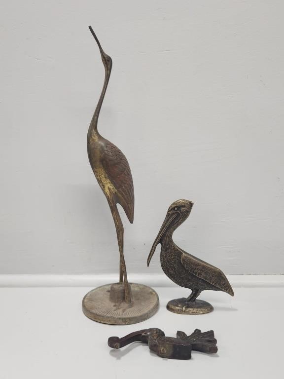 Vintage MCM Solid Brass Crane, Cast Bronze Pelican