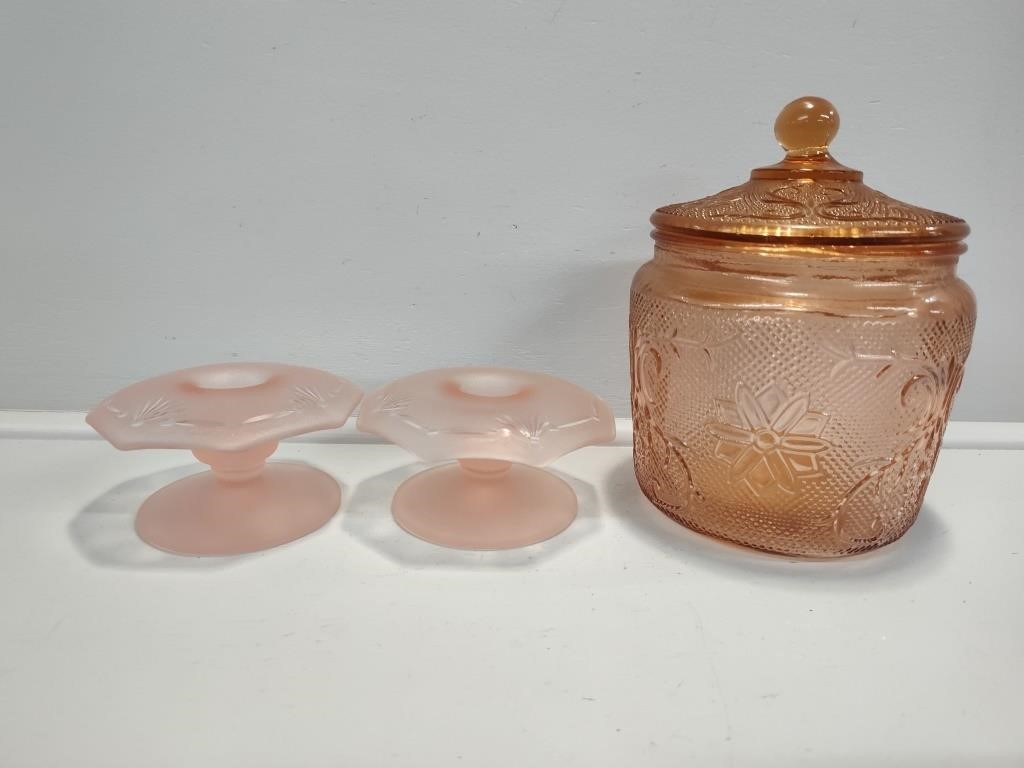 Indiana Pink Frosted Candle holders, & Biscuit Jar