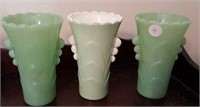 Jadeite green vases - 2 & matching case glass vase
