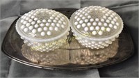 2 moonstone powder dishes and silverplate tray