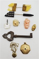 (E) vtg Art Deco Stick Pins, Lockets, Carved