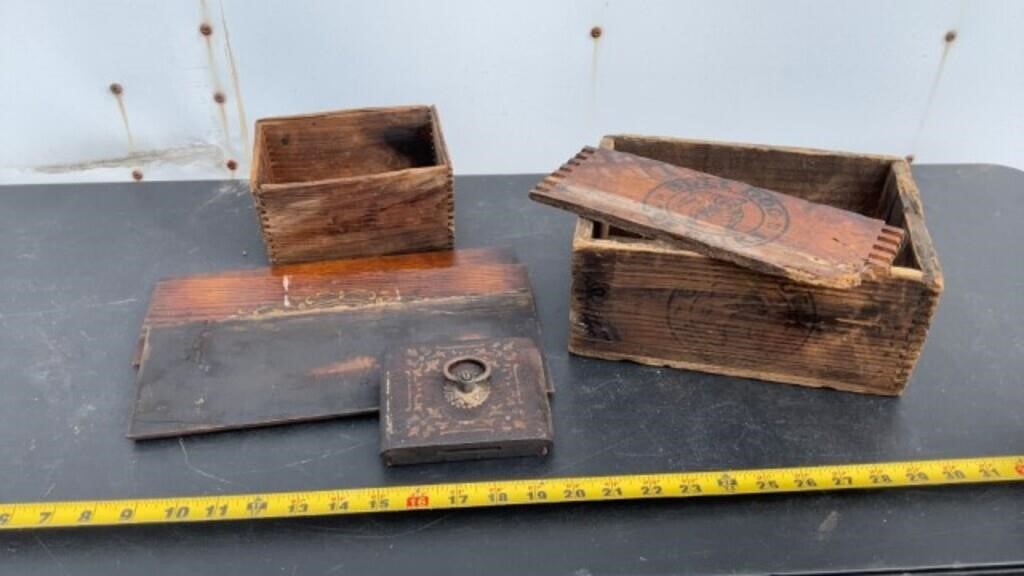 Wooden Crates & Pieces Including Bull Dog Toe