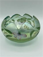 FENTON GREEN BOWL WITH PINK & WHITE HAND PAINTED
