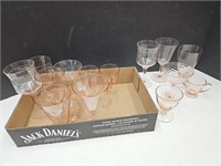 Vintage Pink Etched Glass Stemware, Shakers +