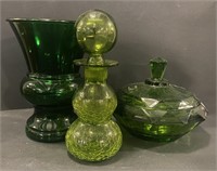 Green Glass Decorative Pieces, Vase 6” x 8”
