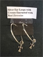 Silver Ear Loops with Crosses Encrusted with Real