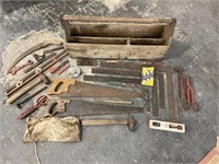 VINTAGE WOODEN TOOL BOX LOADED WITH TOOLS