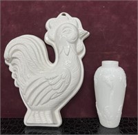 Milk Glass Vase & Ceramic Rooster Wall Hanging