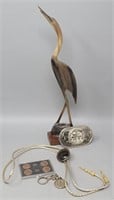 Variety Lot: Hand Carved Horn Crane, Bolo, Western