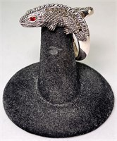 Solid Sterling Marcasite/Ruby Eyed Iguana Ring 13G