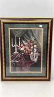 Piano with roses picture, matted in ornate frame,