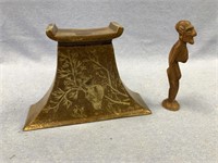 Lot of 2:  folk art carving and a brass vase