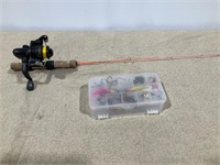 Ice Fishing Pole (cracked), tackle & box