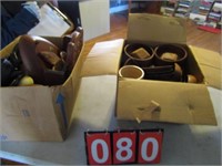 2 BOXES OF WOOD ITEMS - BOWLS, LETTER HOLDERS