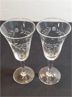 2pc Wheel Cut Cordial Stem Flutes. One Piece Has