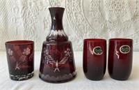 Ruby Red Bohemian Cut to Clear Decanter & Glasses