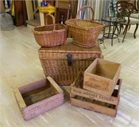 Wooden Wine Crates, Wicker Trunk and Baskets.