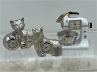 3 Miniature metal clocks, dog, cat and mixer