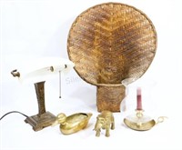 Wicker Basket w Brass Figurines & Table Lamp