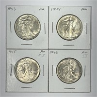 1943-1946 Walking Liberty Half 4-Coin Date Run AU