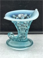 Fenton Blue Opalescent Cornucopia Vase