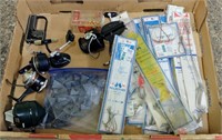 BOX OF FISHING REELS, TACKLE & SINKERS