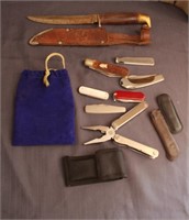 Six pocket knives, one multi-purpose tool and