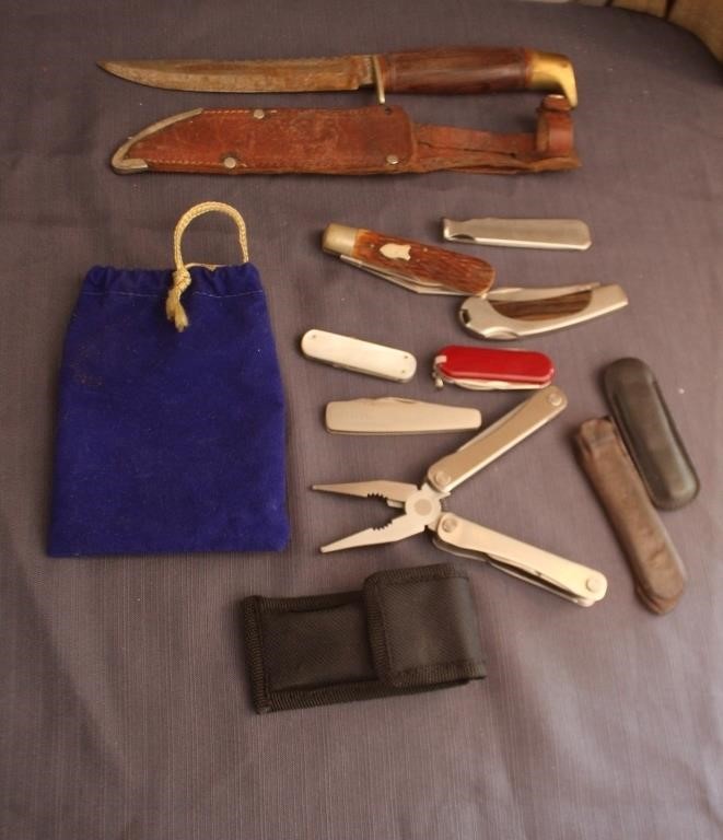 Six pocket knives, one multi-purpose tool and