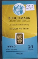 999.9 GOLD 3/4 Gram Benchmark Gold small bar in