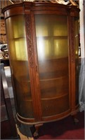 Carved tiger oak bow front china cabinet  with hal