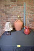 VTG Metal red pitcher, Terra Cotta lamp and lamp