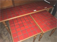 NEST OF VINTAGE RED TILED TOP TABLES