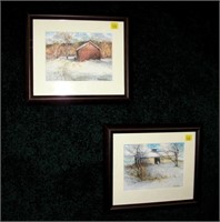 2- 5" x 7" Watercolors of barn scenes, signed R.W.