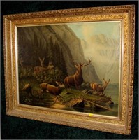 23" x 29" Oil on canvas, elk and deer scene,