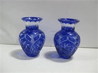 Two Vtg 9" Tall Cobalt Cut Glass Vases