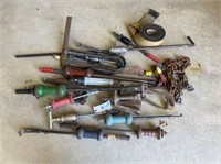 LOT OF SLIDE HAMMERS, CHAIN, STRAP, U- BOLTS,