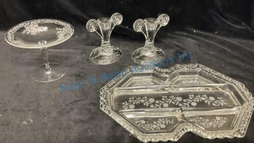 Etched glass, serving tray and candleholders