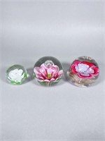(3) Unmarked Flower Glass Paperweights