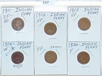 (6) Indian Cents:1901, 02, 03, 04, 05, 06, F-XF.