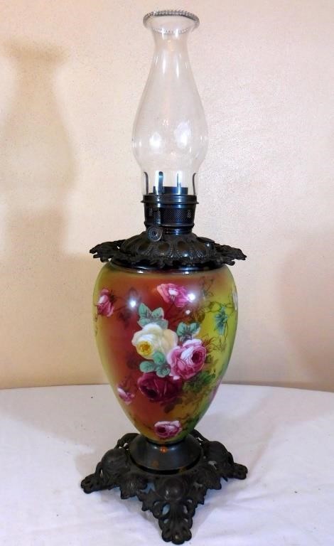 Antique 19th c Handpainted Oil Lamp