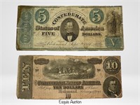Confederate States 5 & 10 Dollars Currency Notes