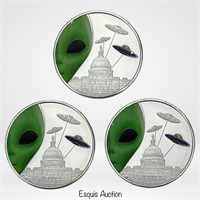 3- 2023 Highland Mint 1oz Alien- UFO Silver Rounds