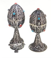 2 Russian Filigree silver eggs with gemstones