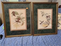2 framed prints of birds, gold tone frames