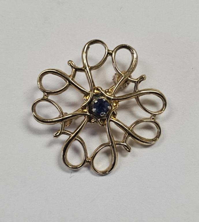 Vintage 10K Yellow Gold Sapphire Accent Brooch