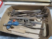 BOX OF MISC TOOLS, LEVELS, TONGS, HAMMER, DRILL