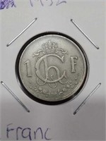 Luxemburg 1952 One Franc Coin
